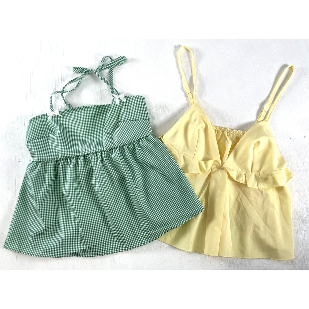 2 tank top blouses Yellow Green Checkered Adjustable Straps S/M Spring Break lot